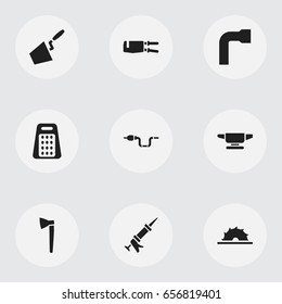 Set Of 9 Editable Apparatus Icons. Includes Symbols Such As Wheel Wrench, Trowel, Sawblade And More. Can Be Used For Web, Mobile, UI And Infographic Design.