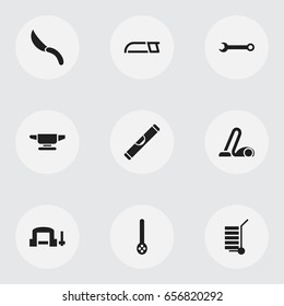 Set Of 9 Editable Apparatus Icons. Includes Symbols Such As Spanner, Hacksaw, Scale And More. Can Be Used For Web, Mobile, UI And Infographic Design.