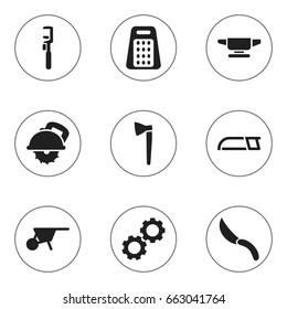 Set Of 9 Editable Apparatus Icons. Includes Symbols Such As Cogwheel, Shredder, Spanner And More. Can Be Used For Web, Mobile, UI And Infographic Design.