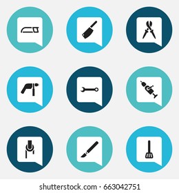 Set Of 9 Editable Apparatus Icons. Includes Symbols Such As Cleaver, Sheave, Pliers And More. Can Be Used For Web, Mobile, UI And Infographic Design.