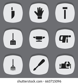 Set Of 9 Editable Apparatus Icons. Includes Symbols Such As Cleaver, Screwdriver, Gauntlet And More. Can Be Used For Web, Mobile, UI And Infographic Design.