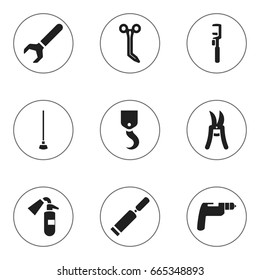 Set Of 9 Editable Apparatus Icons. Includes Symbols Such As Equipment, Sprinkler, Crane And More. Can Be Used For Web, Mobile, UI And Infographic Design.