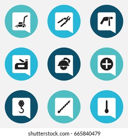 Set Of 9 Editable Apparatus Icons. Includes Symbols Such As Drill, Spoon, Cutter Machine And More. Can Be Used For Web, Mobile, UI And Infographic Design.