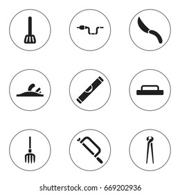 Set Of 9 Editable Apparatus Icons. Includes Symbols Such As Handsaw, Pincers, Scale. Can Be Used For Web, Mobile, UI And Infographic Design.