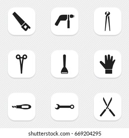 Set Of 9 Editable Apparatus Icons. Includes Symbols Such As Gauntlet, Drill, Spanner And More. Can Be Used For Web, Mobile, UI And Infographic Design.