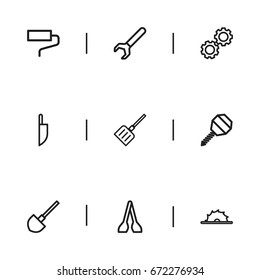 Set Of 9 Editable Apparatus Icons. Includes Symbols Such As Tongs, Circle Blade, Snow Trowel And More. Can Be Used For Web, Mobile, UI And Infographic Design.