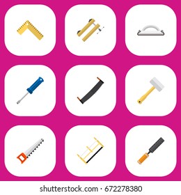 Set Of 9 Editable Apparatus Icons. Includes Symbols Such As Turn-Screw, Tool, Emery Paper And More. Can Be Used For Web, Mobile, UI And Infographic Design.