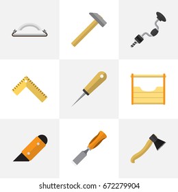 Set Of 9 Editable Apparatus Icons. Includes Symbols Such As Hammer, Instruments, Emery Paper And More. Can Be Used For Web, Mobile, UI And Infographic Design.