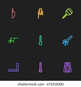 Set Of 9 Editable Apparatus Icons. Includes Symbols Such As Grater, Drill, Tablespoon And More. Can Be Used For Web, Mobile, UI And Infographic Design.