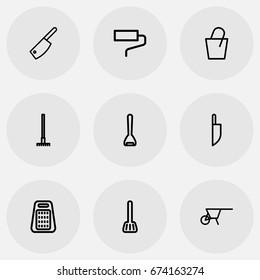 Set Of 9 Editable Apparatus Icons. Includes Symbols Such As Cuisine Utensil, Butcher Knife, Grater And More. Can Be Used For Web, Mobile, UI And Infographic Design.