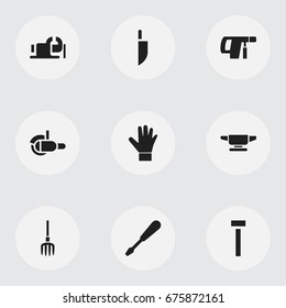 Set Of 9 Editable Apparatus Icons. Includes Symbols Such As Mincing Machine, Screwdriver, Cleaver And More. Can Be Used For Web, Mobile, UI And Infographic Design.