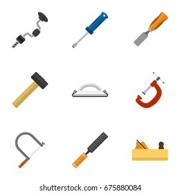Set Of 9 Editable Apparatus Icons. Includes Symbols Such As Turn-Screw, Emery Paper, Bit And More. Can Be Used For Web, Mobile, UI And Infographic Design.