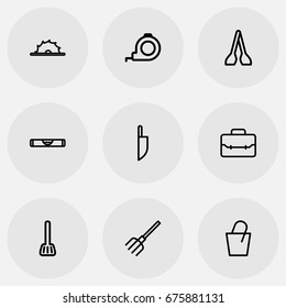 Set Of 9 Editable Apparatus Icons. Includes Symbols Such As Cuisine Utensil, Portfolio, Circle Blade And More. Can Be Used For Web, Mobile, UI And Infographic Design.