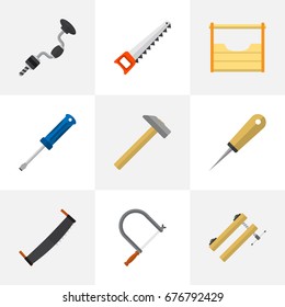 Set Of 9 Editable Apparatus Icons. Includes Symbols Such As Bodkin, Nag, Hammer And More. Can Be Used For Web, Mobile, UI And Infographic Design.