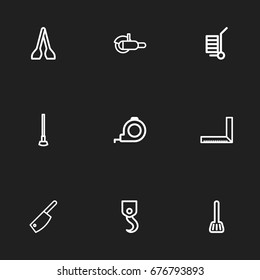 Set Of 9 Editable Apparatus Icons. Includes Symbols Such As Measurement, Butcher Knife, Winch And More. Can Be Used For Web, Mobile, UI And Infographic Design.