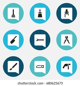 Set Of 9 Editable Apparatus Icons. Includes Symbols Such As Kitchen Spatula, Spanner, Medical Instrument And More. Can Be Used For Web, Mobile, UI And Infographic Design.