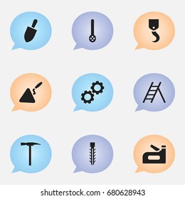 Set Of 9 Editable Apparatus Icons. Includes Symbols Such As Pickaxe, Spatula, Cogwheel And More. Can Be Used For Web, Mobile, UI And Infographic Design.