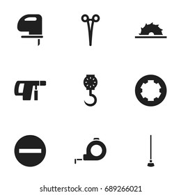 Set Of 9 Editable Apparatus Icons. Includes Symbols Such As Sawblade, Screw Head, Surgical Scissors And More. Can Be Used For Web, Mobile, UI And Infographic Design.