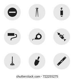 Set Of 9 Editable Apparatus Icons. Includes Symbols Such As Pincers, Screwdriver, Band. Can Be Used For Web, Mobile, UI And Infographic Design.