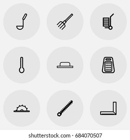 Set Of 9 Editable Apparatus Outline Icons. Includes Symbols Such As Measurement, Pitchfork, Tablespoon And More. Can Be Used For Web, Mobile, UI And Infographic Design.