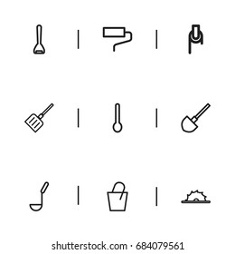 Set Of 9 Editable Apparatus Outline Icons. Includes Symbols Such As Soup Ladle, Winch, Snow Trowel And More. Can Be Used For Web, Mobile, UI And Infographic Design.