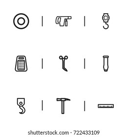 Set Of 9 Editable Apparatus Outline Icons. Includes Symbols Such As Electric Screwdriver, Pickaxes, Bore And More. Can Be Used For Web, Mobile, UI And Infographic Design.