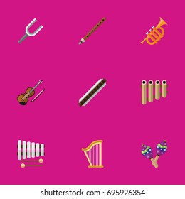 Set Of 9 Editable Audio Flat Icons. Includes Symbols Such As Fiddle, Oboe, Sticks And More. Can Be Used For Web, Mobile, UI And Infographic Design.