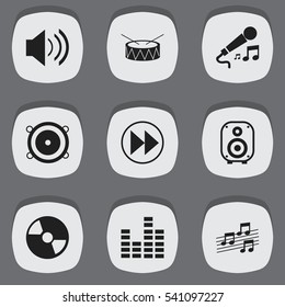 Set Of 9 Editable Audio Icons. Includes Symbols Such As Snare, Musical Sign, Sound And More. Can Be Used For Web, Mobile, UI And Infographic Design.