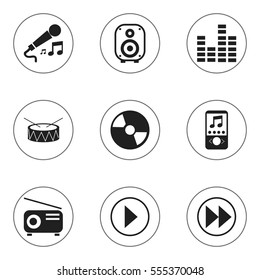 Set Of 9 Editable Audio Icons. Includes Symbols Such As Speaker, Karaoke, Disc And More. Can Be Used For Web, Mobile, UI And Infographic Design.
