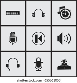Set Of 9 Editable Audio Icons. Includes Symbols Such As Volume, Loudspeaker, Call Center And More. Can Be Used For Web, Mobile, UI And Infographic Design.