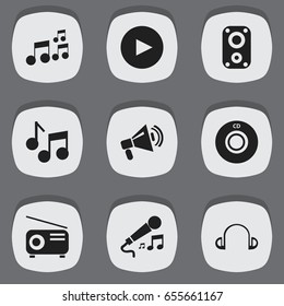 Set Of 9 Editable Audio Icons. Includes Symbols Such As Sound Amplifier, Earpiece, Tone And More. Can Be Used For Web, Mobile, UI And Infographic Design.