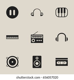 Set Of 9 Editable Audio Icons. Includes Symbols Such As Tape, Retro Tuner, Pianoforte And More. Can Be Used For Web, Mobile, UI And Infographic Design.