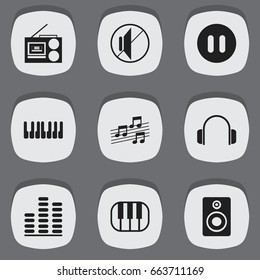 Set Of 9 Editable Audio Icons. Includes Symbols Such As Cassette Player, Earphone, Silent And More. Can Be Used For Web, Mobile, UI And Infographic Design.