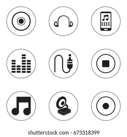 Set Of 9 Editable Audio Icons. Includes Symbols Such As Earpiece, Musical Symbol, Phonograph And More. Can Be Used For Web, Mobile, UI And Infographic Design.