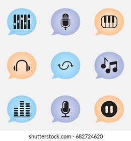 Set Of 9 Editable Audio Icons. Includes Symbols Such As Media Interview, Microphone, Headphones And More. Can Be Used For Web, Mobile, UI And Infographic Design.