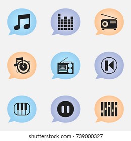 Set Of 9 Editable Audio Icons. Includes Symbols Such As Piano, Pause, Music And More. Can Be Used For Web, Mobile, UI And Infographic Design.