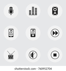 Set Of 9 Editable Audio Icons. Includes Symbols Such As Break Music, Rewind, Silent And More. Can Be Used For Web, Mobile, UI And Infographic Design.