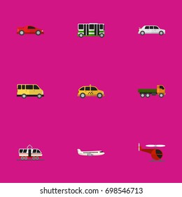 Set Of 9 Editable Automobile Flat Icons. Includes Symbols Such As Cab, Chopper, Sport Car And More. Can Be Used For Web, Mobile, UI And Infographic Design.