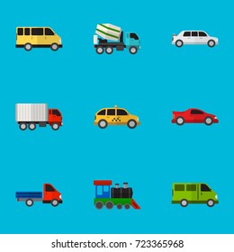 Set Of 9 Editable Automobile Flat Icons. Includes Symbols Such As Lorry, Wagon, Cement Blender And More. Can Be Used For Web, Mobile, UI And Infographic Design.