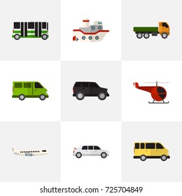 Set Of 9 Editable Automobile Flat Icons. Includes Symbols Such As Lorry, Boat, Truck And More. Can Be Used For Web, Mobile, UI And Infographic Design.