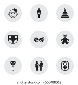 Set Of 9 Editable Baby Icons. Includes Symbols Such As Teddy, Cheerful Child, Tower And More. Can Be Used For Web, Mobile, UI And Infographic Design.