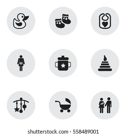 Set Of 9 Editable Baby Icons. Includes Symbols Such As Stroller, Tower, Goplet And More. Can Be Used For Web, Mobile, UI And Infographic Design.
