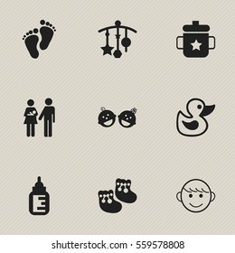 Set Of 9 Editable Baby Icons. Includes Symbols Such As Nursing Bottle, Lineage, Adorn And More. Can Be Used For Web, Mobile, UI And Infographic Design.