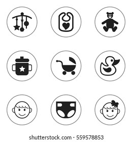 Set Of 9 Editable Baby Icons. Includes Symbols Such As Merry Children, Adorn, Bath Toys And More. Can Be Used For Web, Mobile, UI And Infographic Design.
