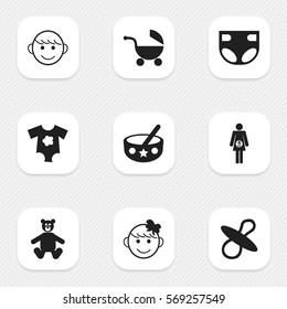 Set Of 9 Editable Baby Icons. Includes Symbols Such As Teddy, Pregnancy, Spoon And More. Can Be Used For Web, Mobile, UI And Infographic Design.
