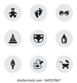 Set Of 9 Editable Baby Icons. Includes Symbols Such As Nappy, Tower, Teddy And More. Can Be Used For Web, Mobile, UI And Infographic Design.