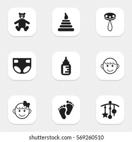 Set Of 9 Editable Baby Icons. Includes Symbols Such As Nappy, Footmark, Tower And More. Can Be Used For Web, Mobile, UI And Infographic Design.