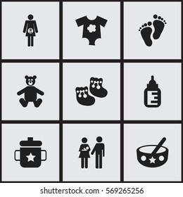 Set Of 9 Editable Baby Icons. Includes Symbols Such As Small Dresses, Nursing Bottle, Teddy And More. Can Be Used For Web, Mobile, UI And Infographic Design.