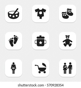 Set Of 9 Editable Baby Icons. Includes Symbols Such As Stroller, Small Dresses, Footmark And More. Can Be Used For Web, Mobile, UI And Infographic Design.