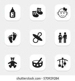 Set Of 9 Editable Baby Icons. Includes Symbols Such As Shoes For Babies, Lineage, Teddy And More. Can Be Used For Web, Mobile, UI And Infographic Design.